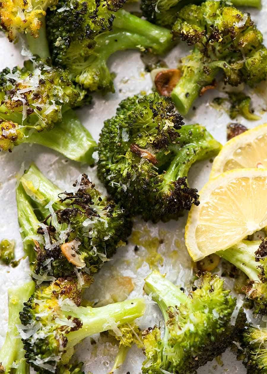 Close up overhead photo of Magic Broccoli - the best roasted broccoli ever, fresh out of the oven