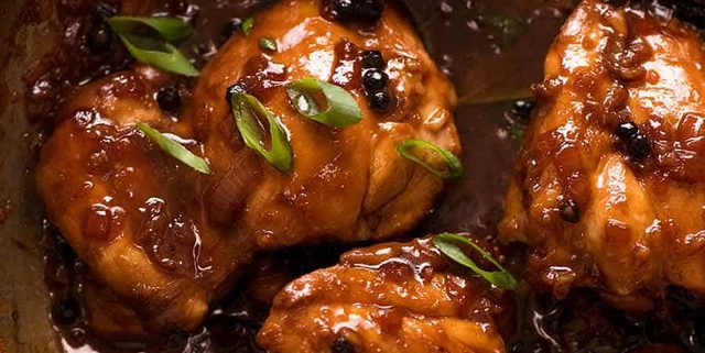 Filipino Chicken Adobo in a skillet, fresh off the stove