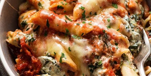 Bowl of Spinach Ricotta Pasta Bake, ready to be eaten
