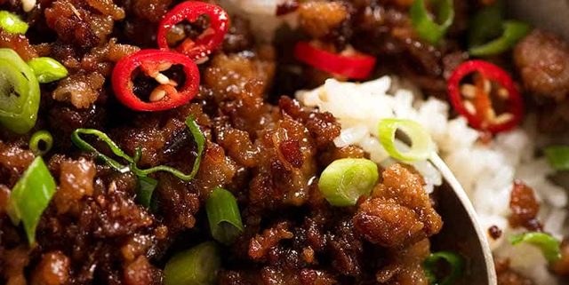 Close up of pork mince stir fry - Vietnamese Caramelised Pork Bowls