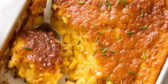 Overhead photo of Corn Casserole in a white dish, fresh out of the oven