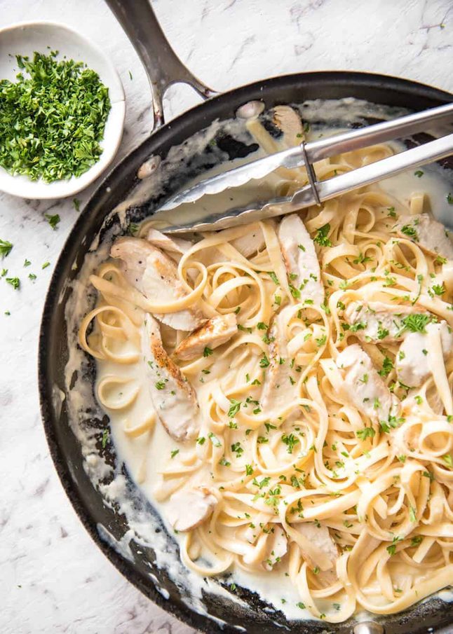 one pot halal chicken Alfredo pasta cream Parmesan butter broth family easy dinner quick