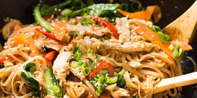 Great fridge forage meal - any dried noodles, any veggies, optional protein. This Chicken Stir Fry with Rice Noodles is healthy and super quick to make! recipetineats.com