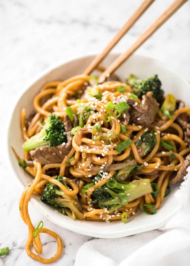 halal beef egg noodle stir fry oyster sauce bok choy one pan weeknight dinner