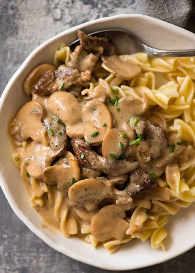 halal beef mushroom stroganoff one pan sour cream Dijon weeknight Russian dinner