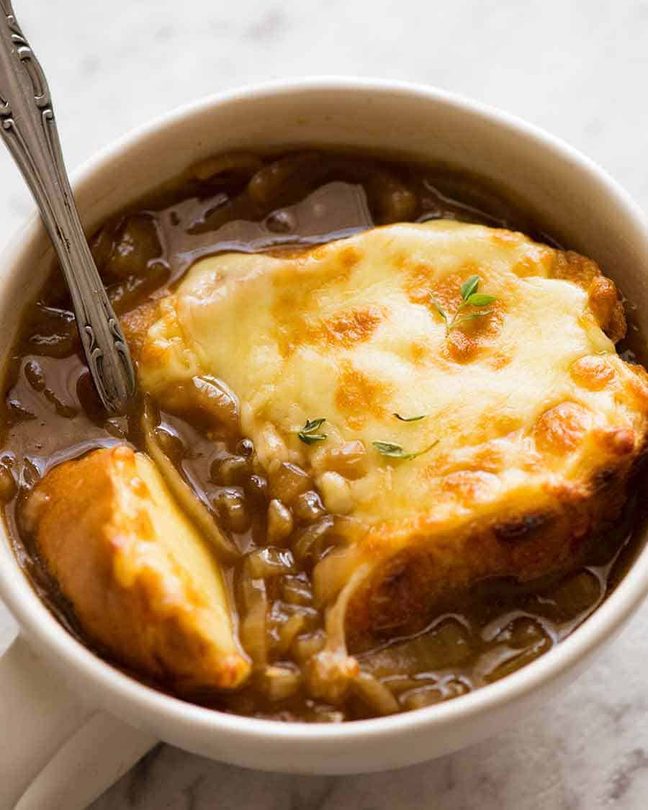 French onion soup caramelised onion beef broth crouton Gruyere gratinee one pot