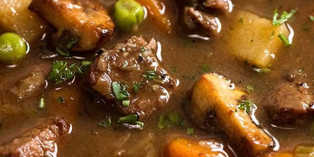 Close up photo of Vegetable Beef Soup with tender, slow cooked beef