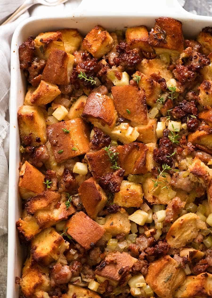 Close up of Sausage Stuffing in a baking dish, fresh out of the oven