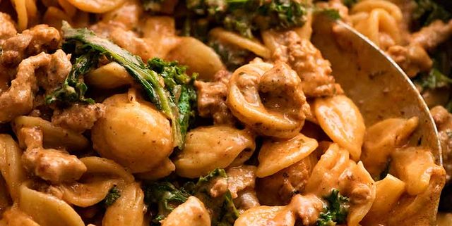 Close up of Orecchiette Sausage Pasta in Creamy Tomato Sauce in skillet, ready to be served