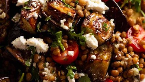 Roasted Eggplant Lentil Salad (Aubergine Salad)