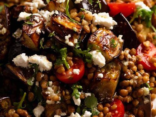 Roasted Eggplant Lentil Salad (Aubergine Salad)