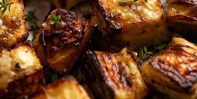 Close up of Oven Roasted Eggplant with caramelised edges