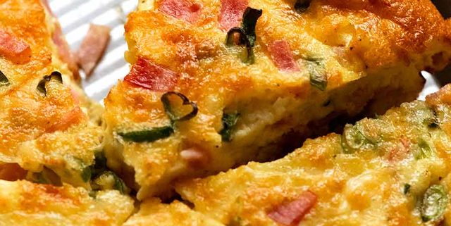 Crustless Quiche in a pie pan, fresh out of the oven