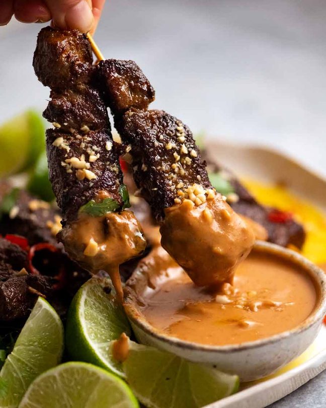 halal beef satay skewer lemongrass turmeric marinade peanut sauce one pan dinner