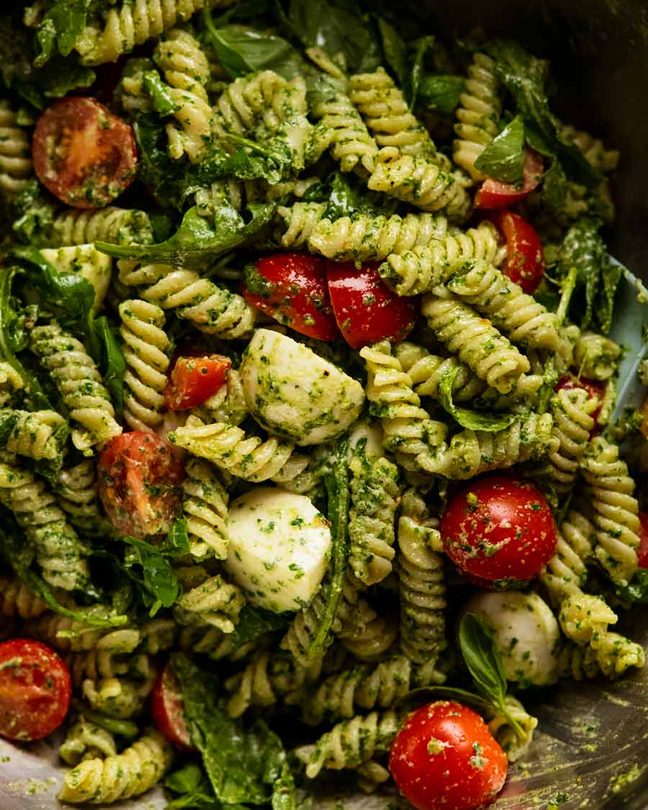 pesto pasta salad cup picnic finger food easy transport make-ahead Italian crowd
