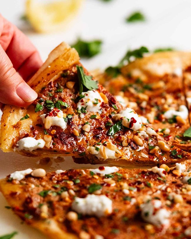 Halal ground beef naan pizza with mozzarella tomato sauce for 10 minute easy dinner kids request