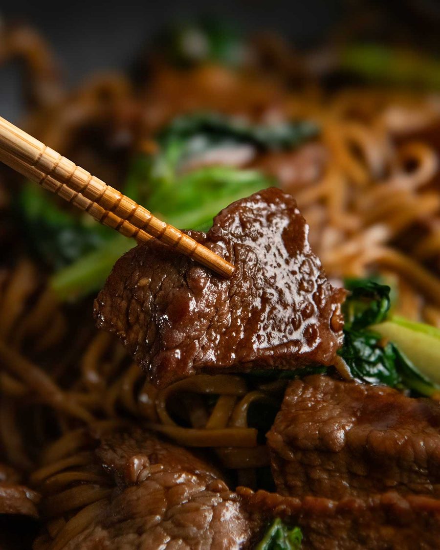 Close up of tenderised beef in Beef Rice Noodles
