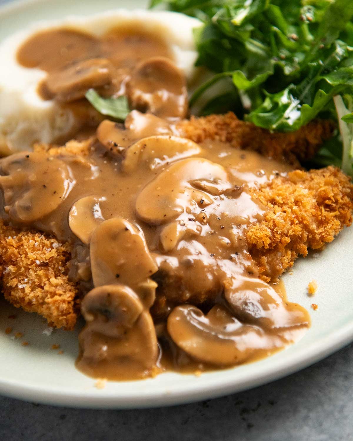 Oven Baked Chicken Schnitzel with Mushroom Gravy