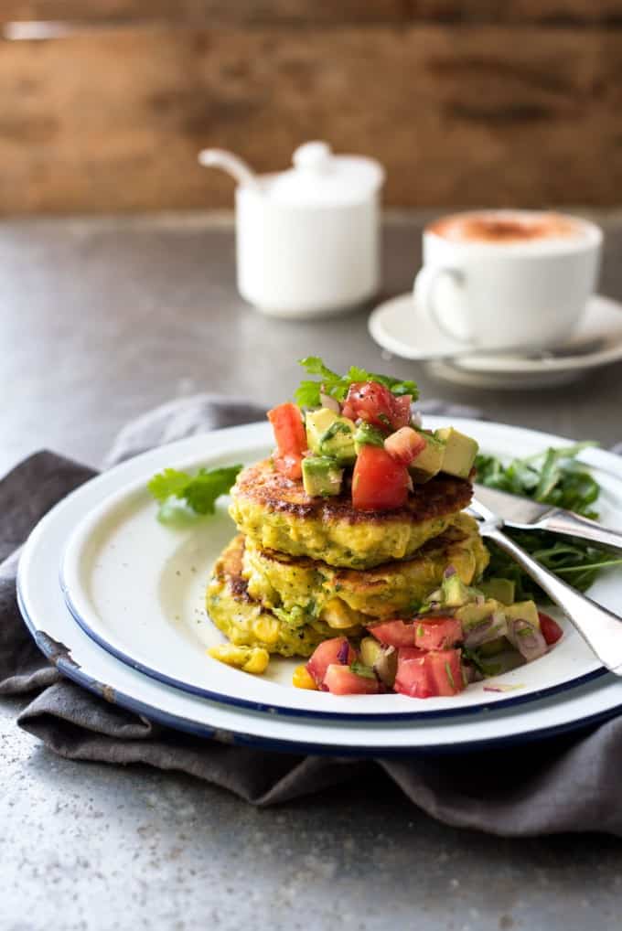 Bill Granger's Corn Fritters with Avocado Salsa on a plate