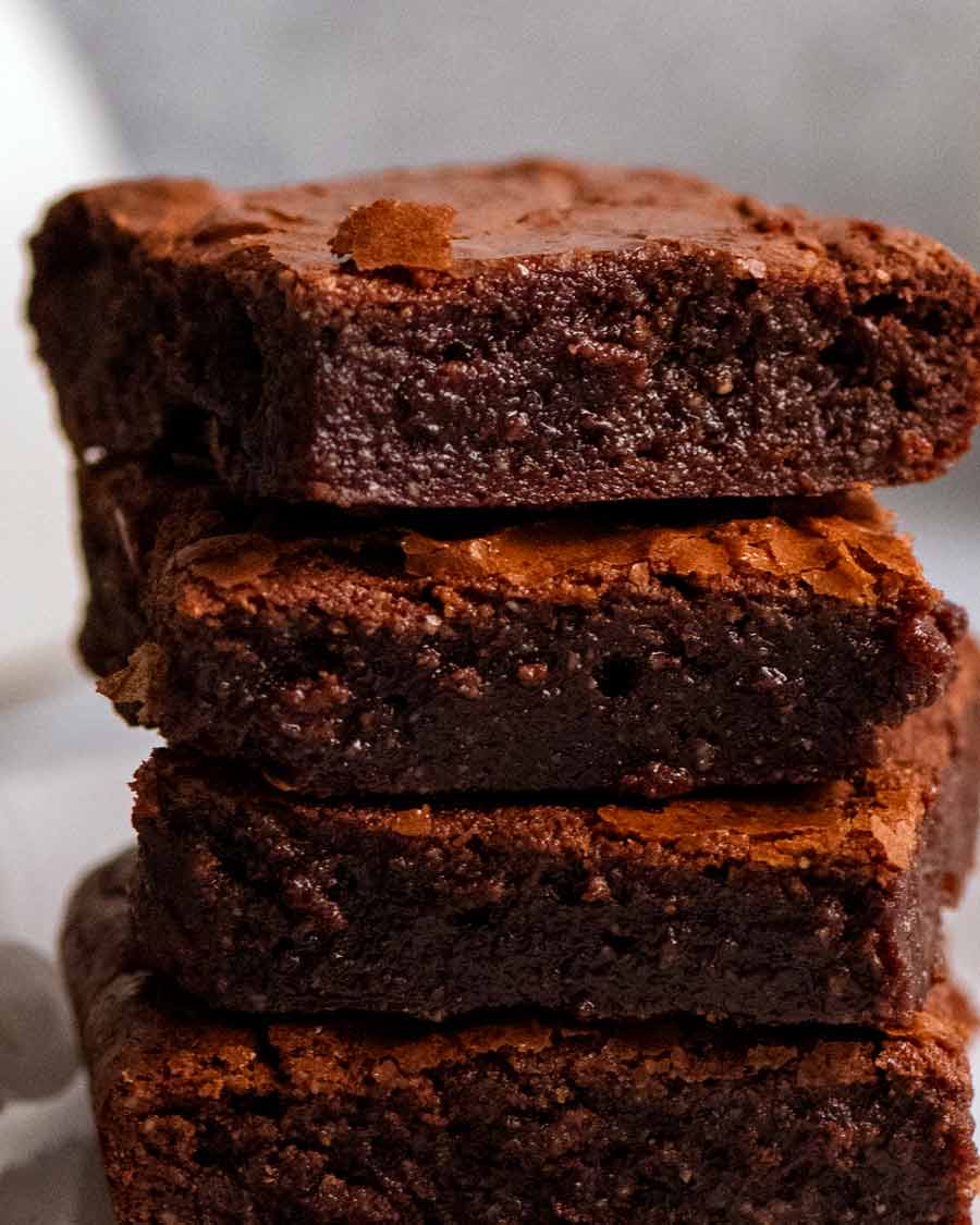 Close up photo of a stack of Flourless Chocolate Brownies (gluten free)