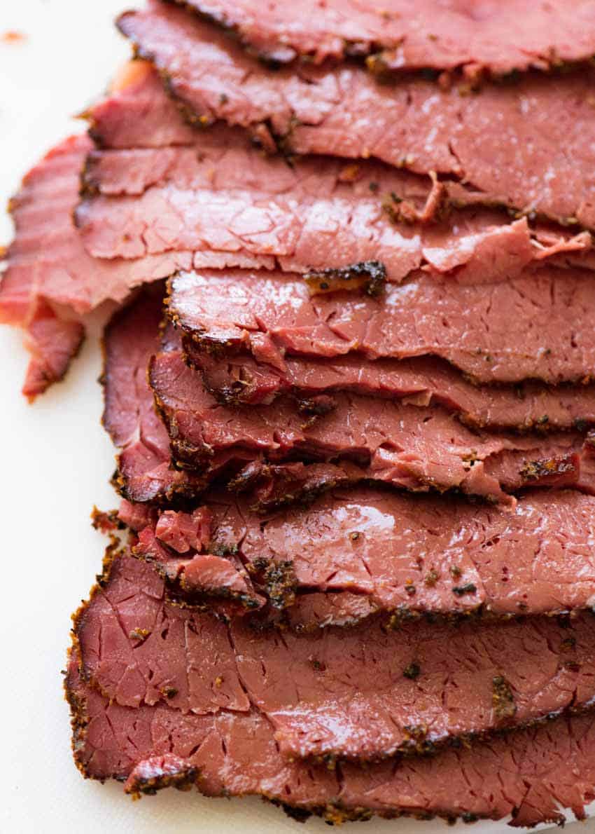 Slices of homemade pastrami
