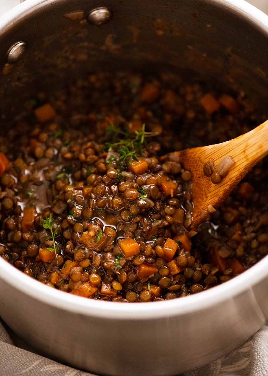Pot of Lentil Ragout - French lentil side dish - fresh off the stove