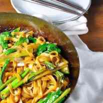Vegetarian Thai Noodles, also known as Pad See Ew, in a wok ready to be served.