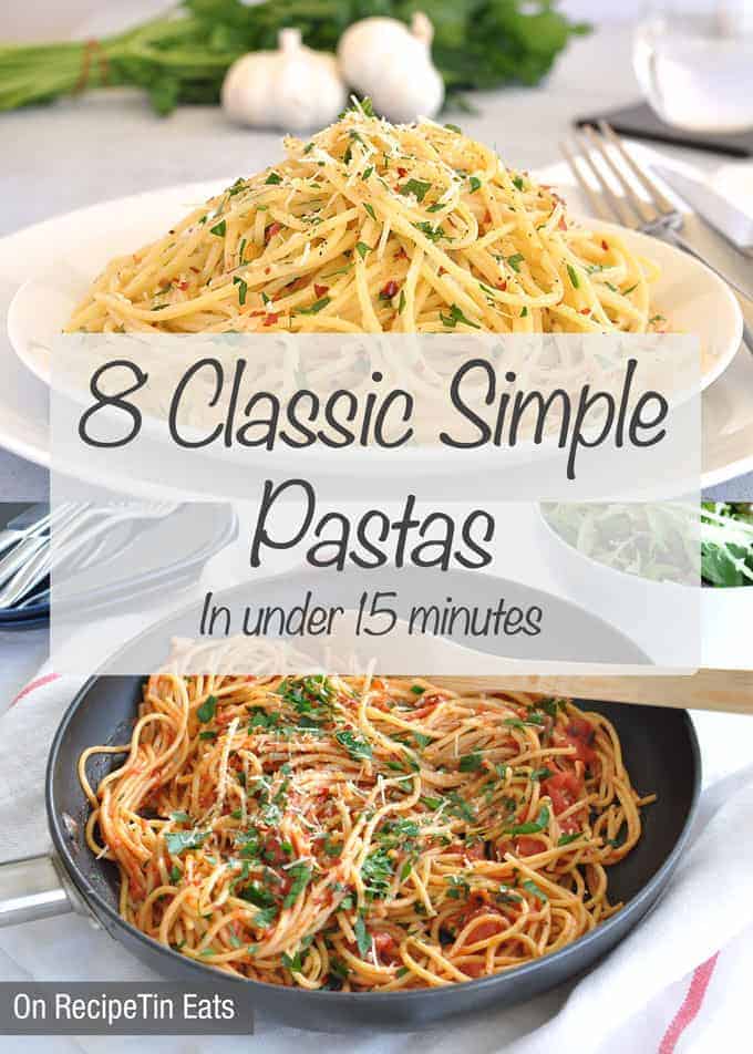8 Classic Simple Italian Pasta recipes, condensed into one handy page. All on the table in 15 minutes!