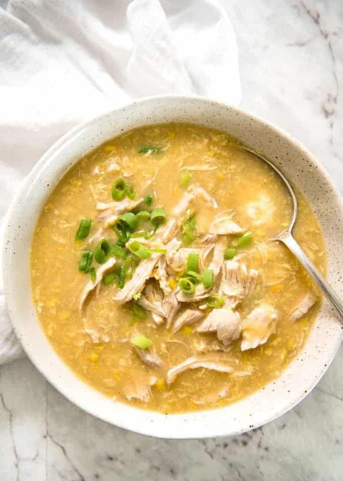This Chinese Corn Soup with Chicken takes just 15 minutes to make - with no chopping! It's just like what you get at Chinese restaurants! recipetineats.com
