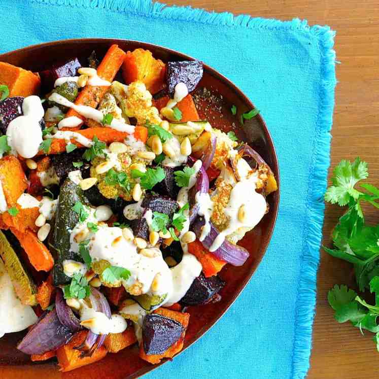 Middle Eastern Roasted Vegetables with Tahini Sauce {Vegan} - great way to use up leftover veggies, insanely simple, ridiculously tasty. Especially love the sauce!