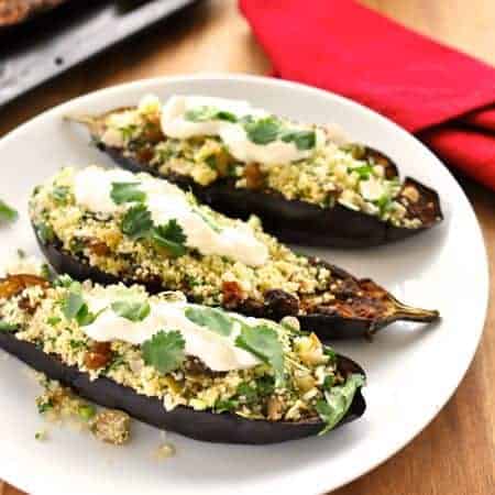 Middle Eastern Roasted Eggplant with Couscous - 15 min prep for this fragrant, melt-in-your-mouth eggplant with fresh couscous.