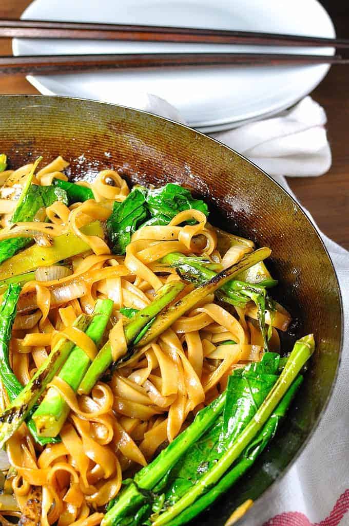 Vegetarian Thai Noodles, also known as Pad See Ew, in a wok ready to be served.