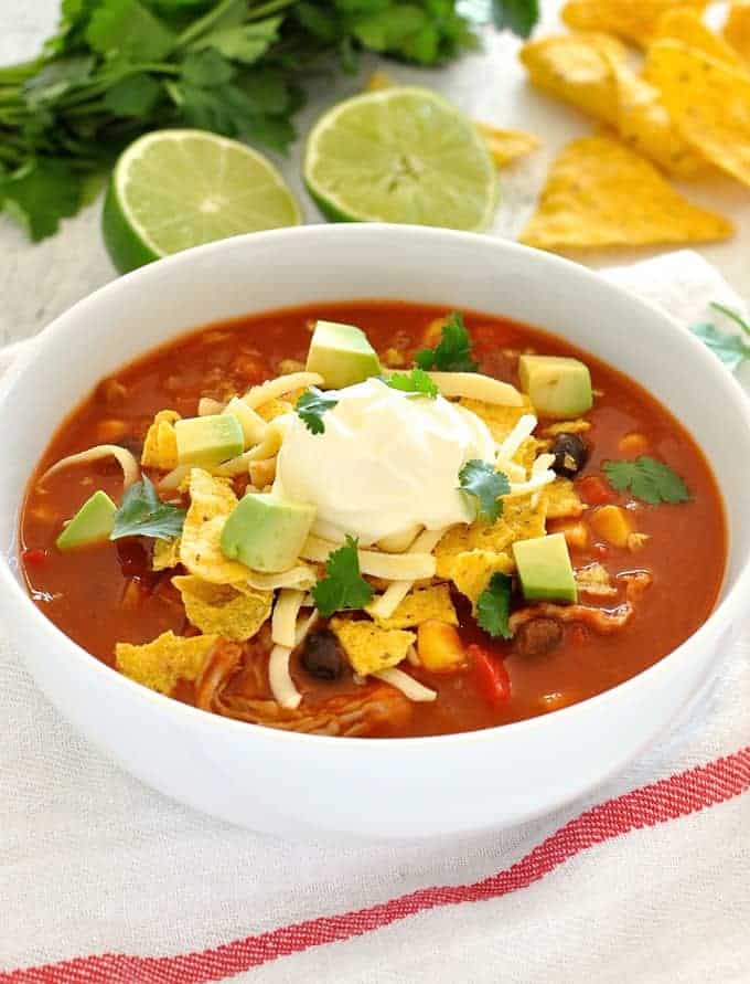 Quick Taco Soup with Pulled Pork topped with sour cream