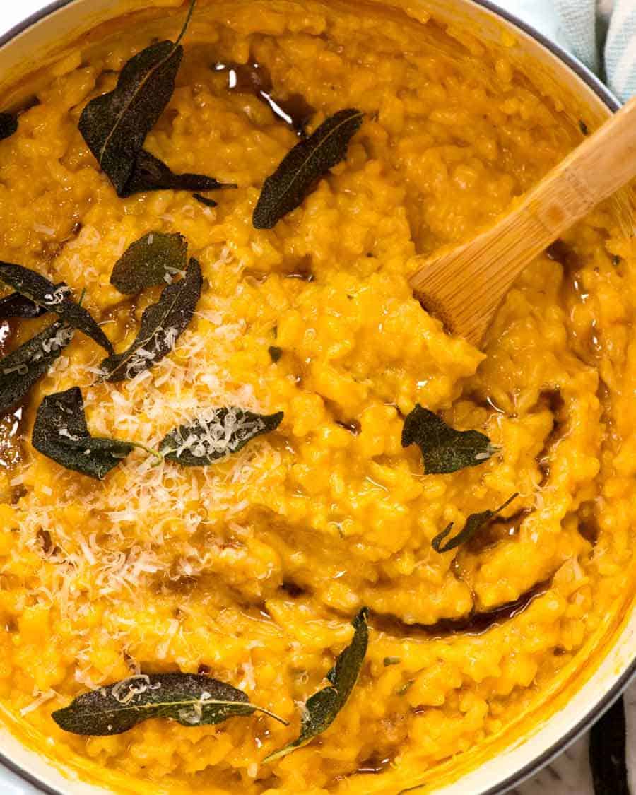 Close up of Creamy Baked Pumpkin Risotto in a pot, ready to be served