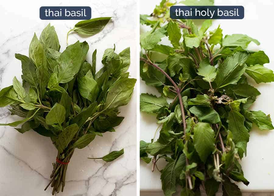 Difference between Thai Basil and Thai Holy Basil - Thai Basil tastes like normal basil with a slight aniseed flavour. Holy basil has jagged edges and it does not have an aniseed flavour, it tastes more like Italian basil.