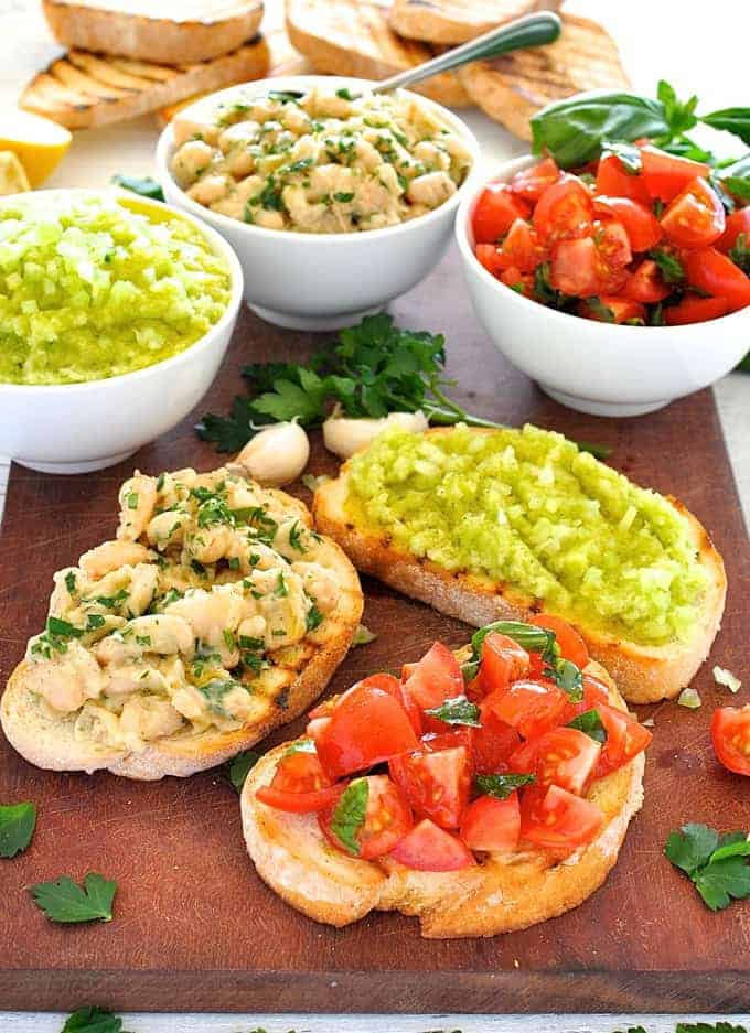 Tomato & Basil, Lemon Cannellini and a refreshing Celery Lime Bruschetta spread. Classic Italian toppings.