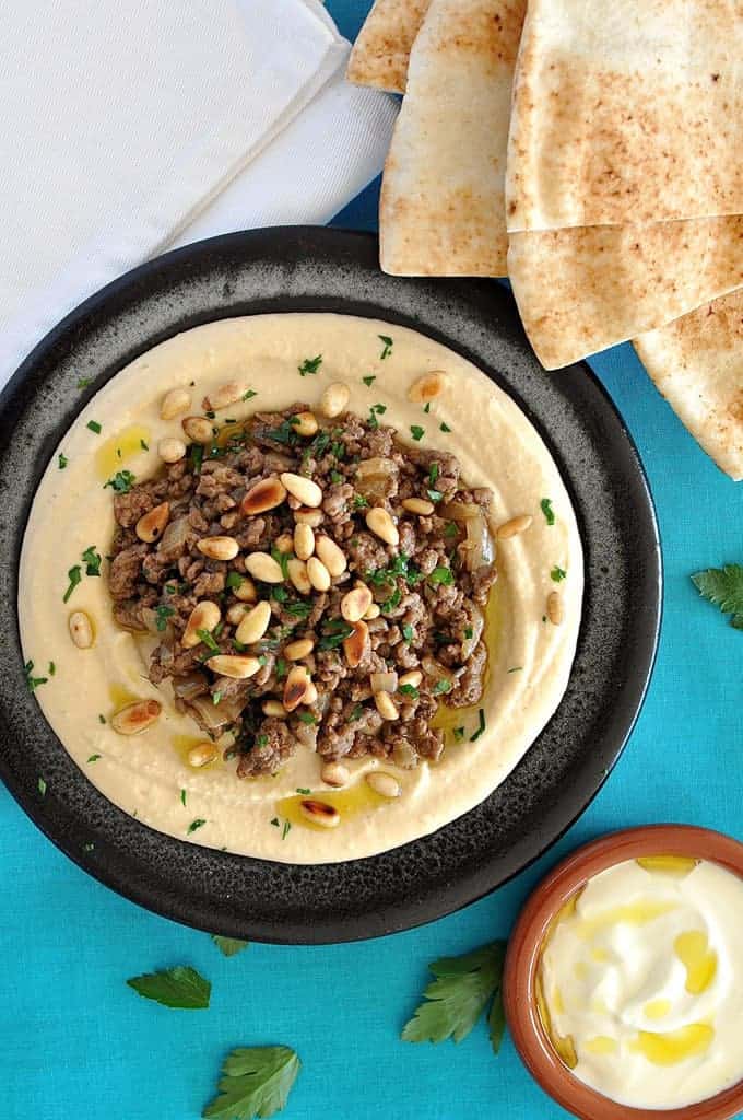 Overhead shot of hummus topped with lamb mince