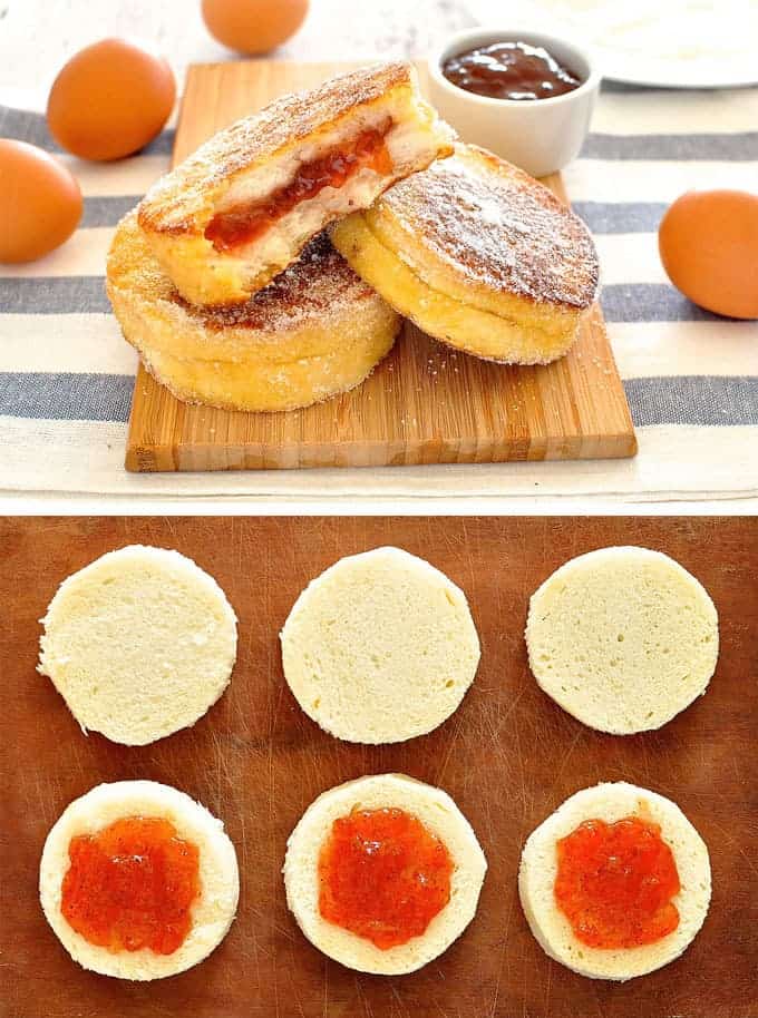 A pile of Jam Jelly Doughnut French Toast and showing jam being spread onto the bread