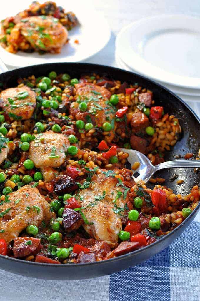 Quick paella, shown in a pan