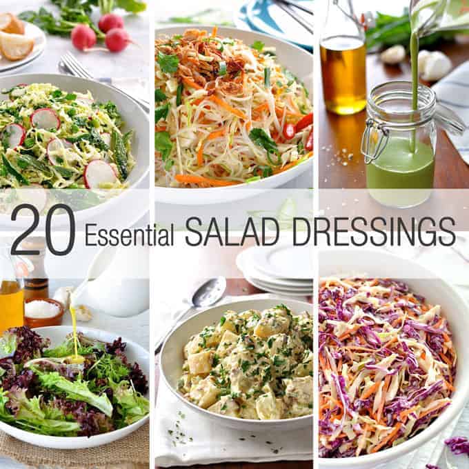 Summarised on one page, 7 classic vinaigrettes, Italian, Greek, French, Asian, coleslaw, potato salad, green goddess + more. #salad_dressings