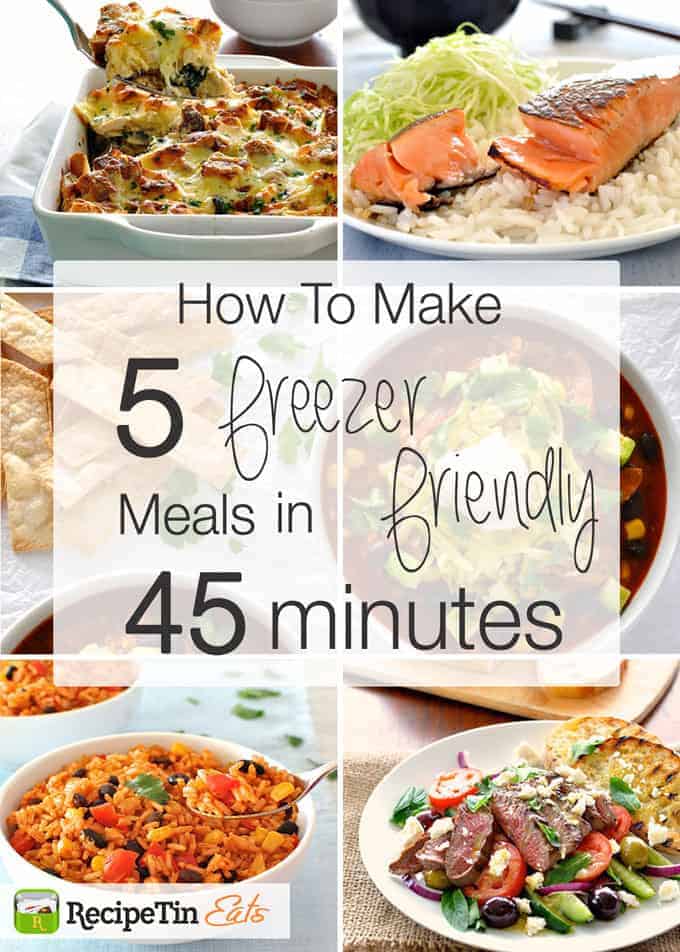 5 fresh ideas for make ahead meals. Printable / downloadable shopping list and instructions! Serves 4.