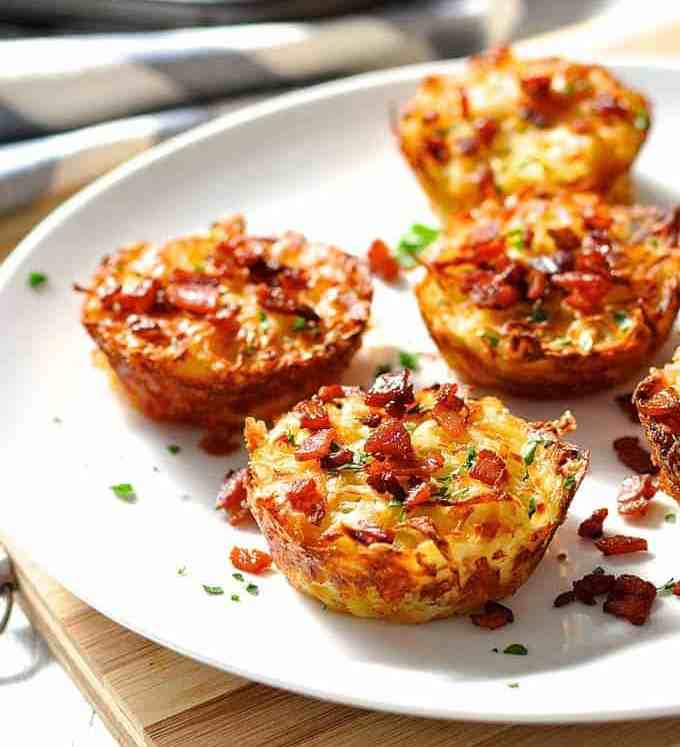 Cheese and Bacon Muffin Tin Hash Browns on a white plate