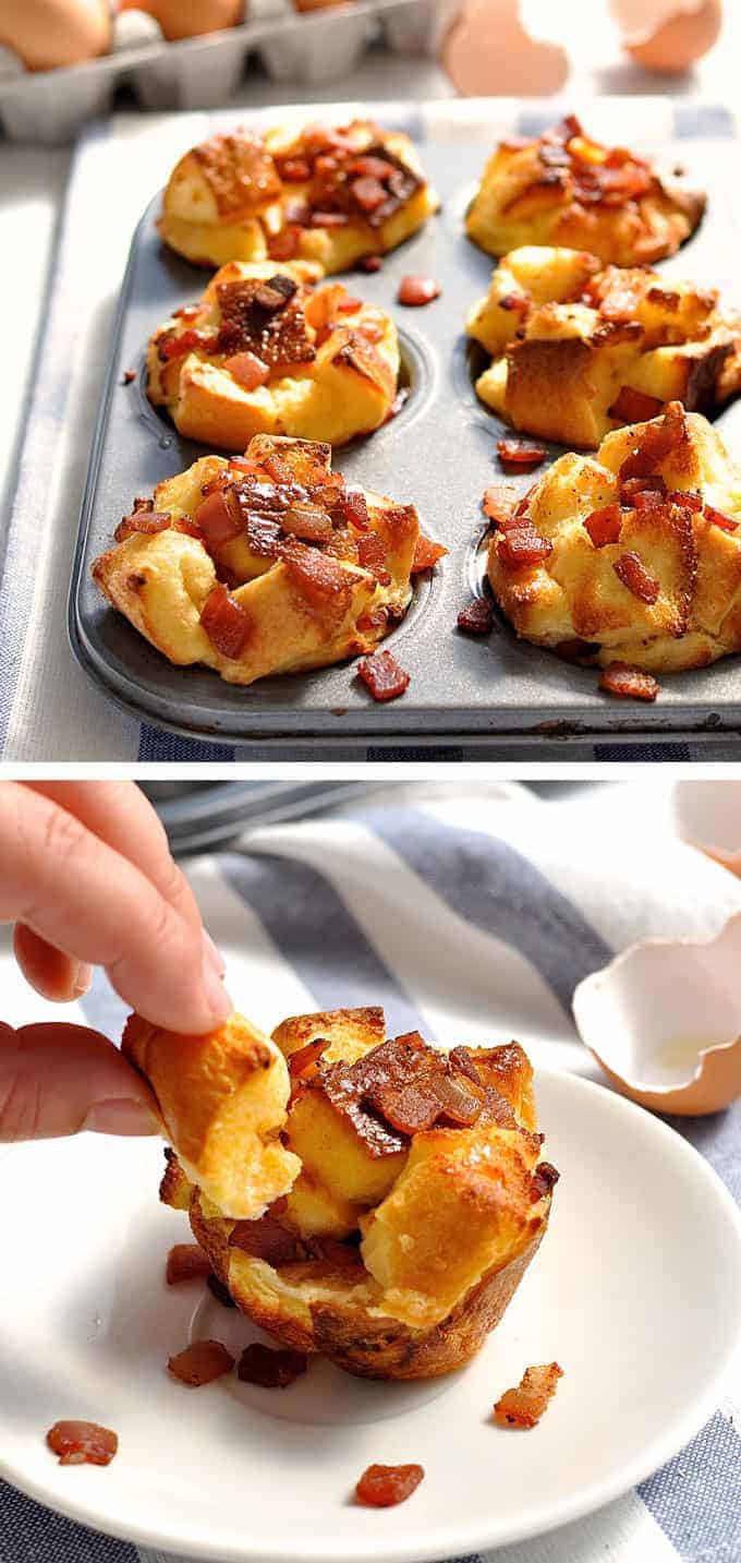 Tray of bacon French toast muffins and closeup