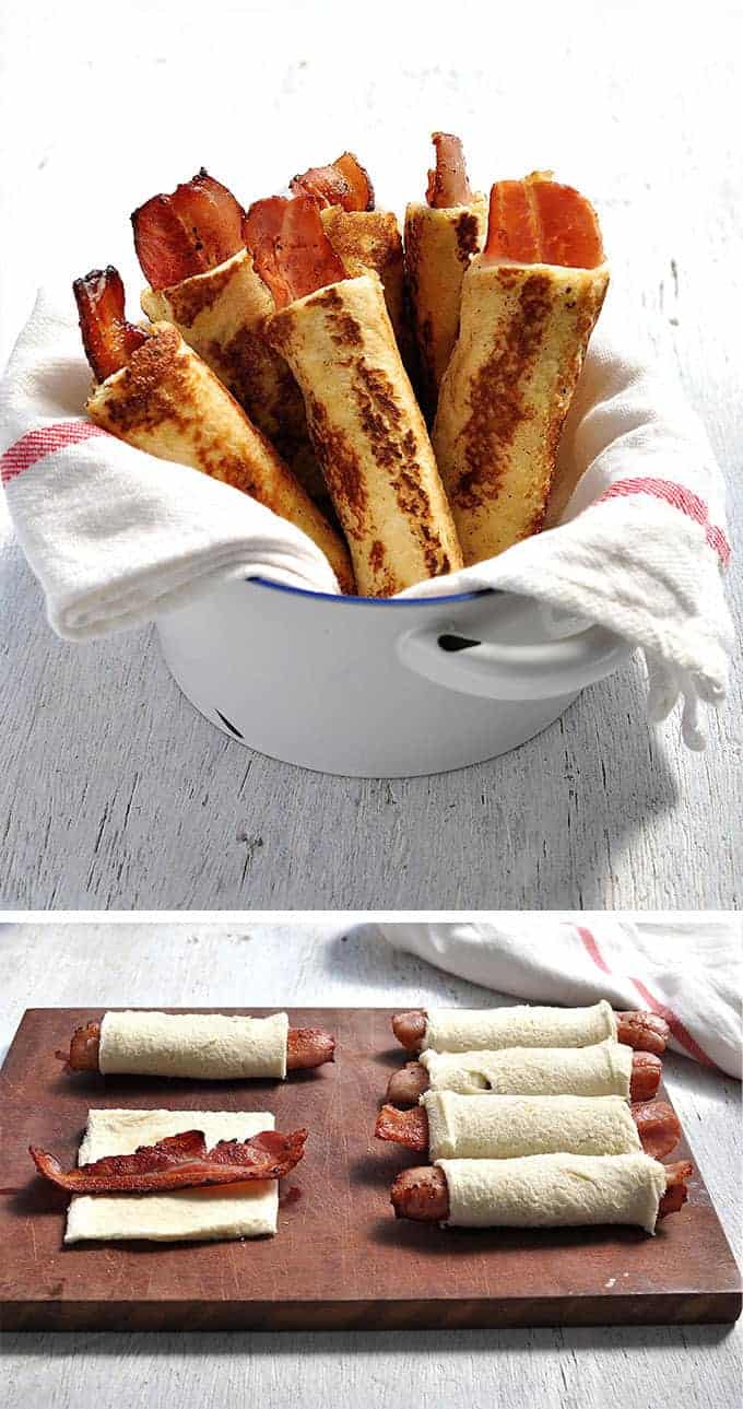 Bacon French Toast Roll Ups - crispy bacon rolled up in bread, dipped in egg mixture and pan fried golden brown. These need to be made with fresh, plain sandwich bread, not fancy artisan bread. #breakfast #brunch #french_toast #bacon #roll_up