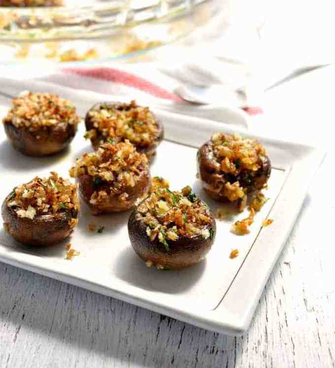 Vegetarian Garlic Stuffed Mushrooms on a plate, ready to be served
