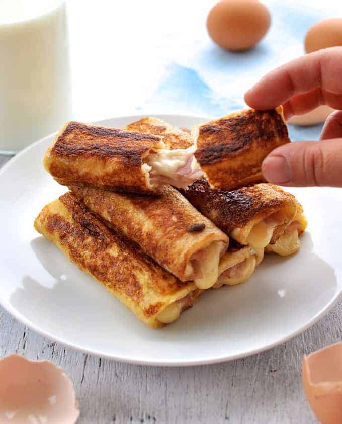 Closeup showing inside of Ham and Cheese French Toast Roll Ups