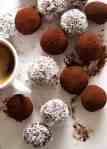 Overhead photo of homemade Chocolate Truffles with coffee
