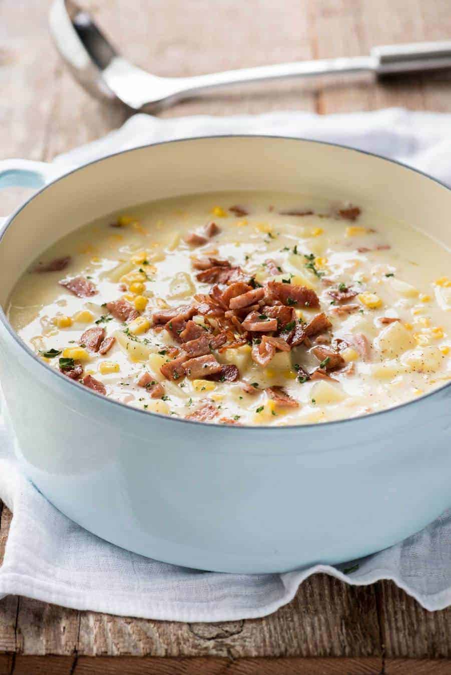 Ham and Corn Chowder in a French casserole pot, ready to be served.