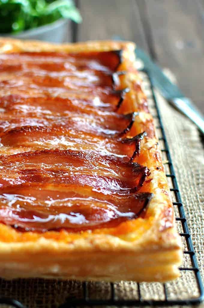Bacon Tart fresh out of the oven, ready to be cut and served.