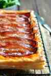 Maple Bacon Pumpkin Tart - double layer of puff pastry topped with mashed pumpkin and bacon, brushed with maple syrup. Just 10 min prep.